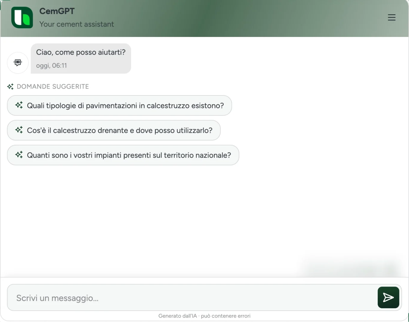 Scopri CemGPT, la prima AI nel mondo del cemento. Sviluppata da Heidelberg Materials Italia, risponde sulla base della documentazione tecnica ufficiale-1